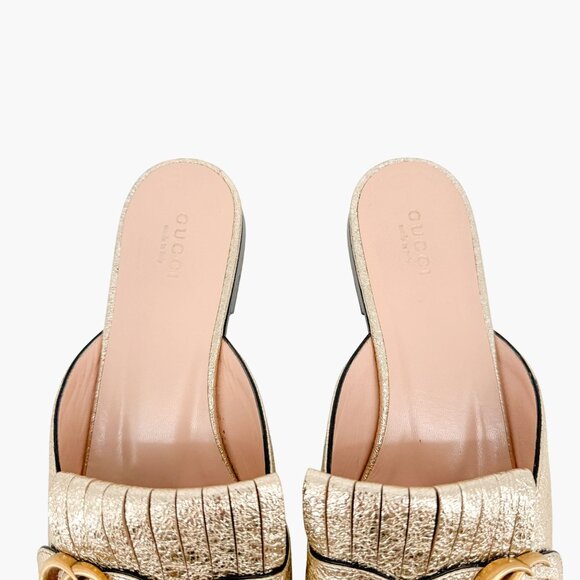 Gucci Marmont GG Fringe Flat Mule EU 38.5 US 8.5 Metallic Gold Kiltie Slip On - Picture 5 of 11